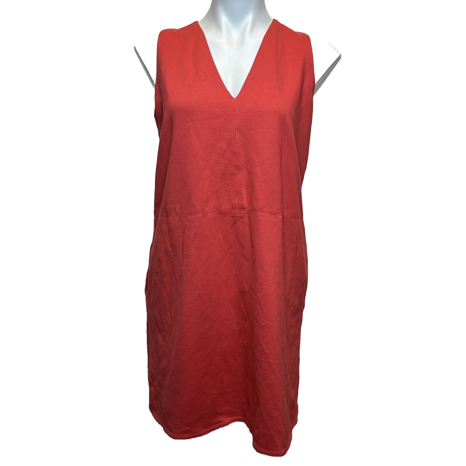 Ann Mashburn Dress Medium Orange Sleeveless V-Neck Lined Stretch Pockets Sheath
